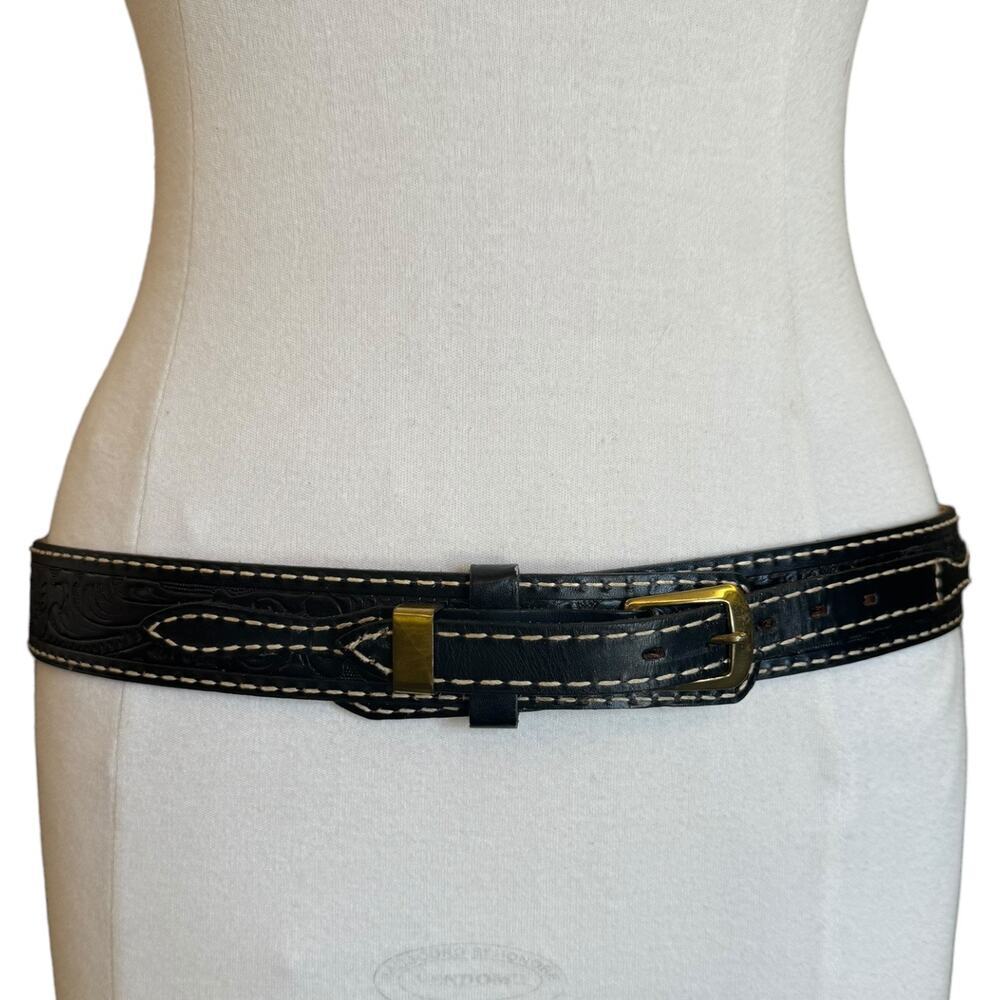 Vintage Tony Llama Black Tooled Leather Belt